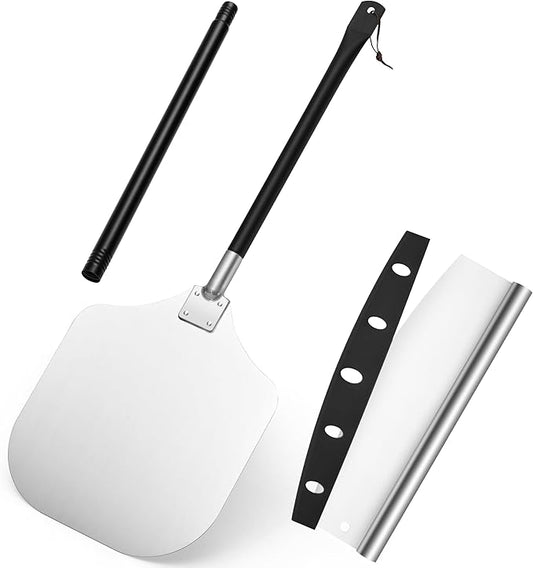 Aluminum Pizza Peel Spatula Set, 12 Inch Pizza Paddle Shovel, 14 Inch Metal Pizza Cutter Rocker, Pizza Oven Accessories Tools for Cooking Baking Turning Cutting, Long Detachable Handle