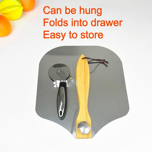 Pizza Peel 12 x 14inches, Pizza Paddle Pizza Spatula Shovel Pizza Cutter, Pizza Peel with Foldable Wood Handle, Aluminum Pizza Turner Peel Tools Making Accessories for Baking Pizza Bread