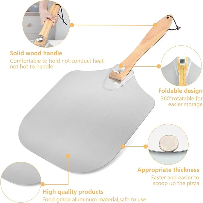 Aluminum Metal Pizza Peel with Foldable Wooden Handle,12x14 Inch Aluminum Pizza Peel,Pizza Paddle Foldable Pizza Spatula Paddle for Oven,Baking Homemade Bread