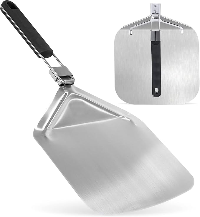 Foldable Handle Aluminum Pizza Peel – 12" Wide Lightweight Paddle with Stainless Steel Support and Rubber Grip