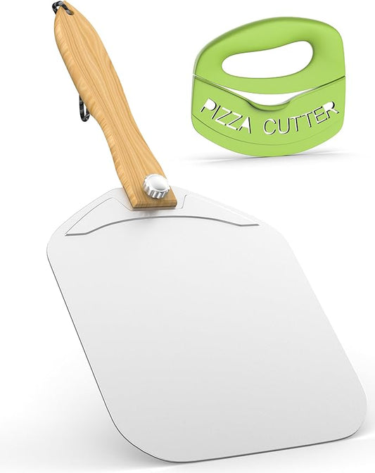 12-Inch Stainless Steel Pizza Peel Set with Foldable Wooden Handle & Pizza Cutter – 360° Rotating Handle for Easy Storage