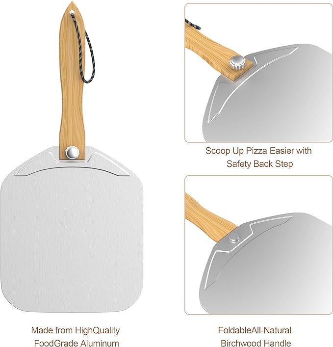 12-Inch Stainless Steel Pizza Peel Set with Foldable Wooden Handle & Pizza Cutter – 360° Rotating Handle for Easy Storage