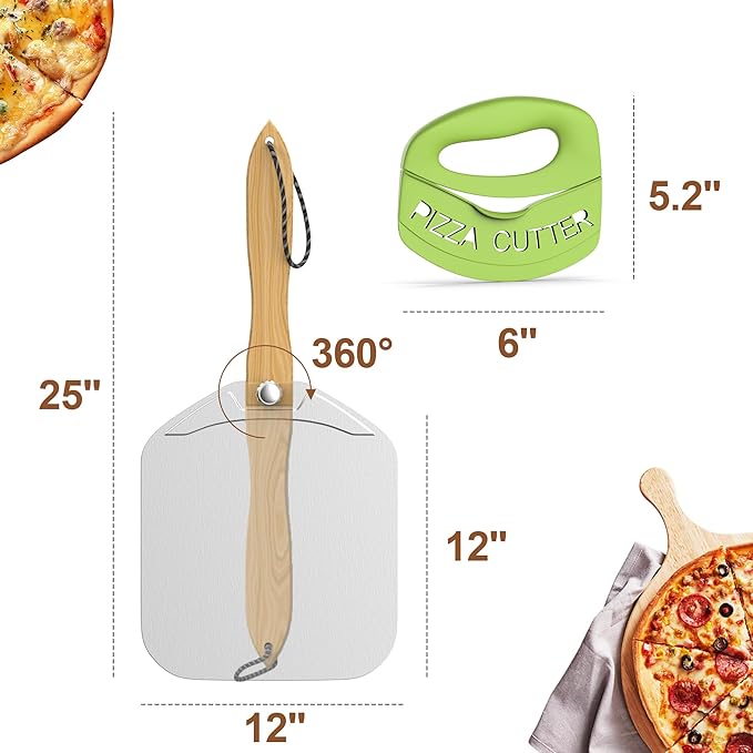 12-Inch Stainless Steel Pizza Peel Set with Foldable Wooden Handle & Pizza Cutter – 360° Rotating Handle for Easy Storage