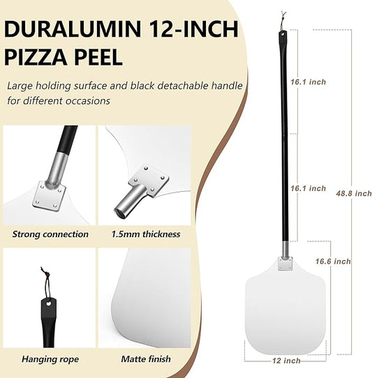 Aluminum Pizza Peel Spatula Set, 12 Inch Pizza Paddle Shovel, 14 Inch Metal Pizza Cutter Rocker, Pizza Oven Accessories Tools for Cooking Baking Turning Cutting, Long Detachable Handle