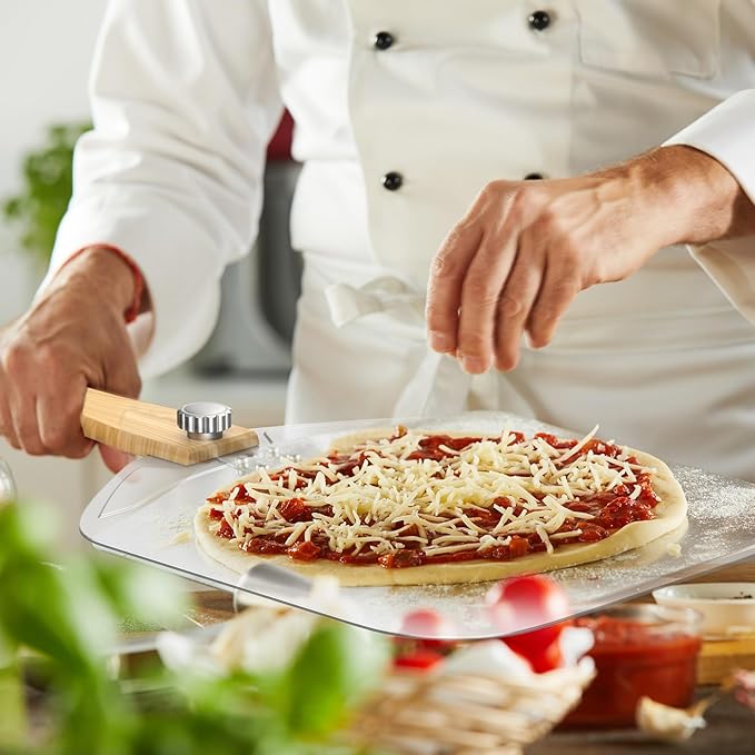 12-Inch Stainless Steel Pizza Peel Set with Foldable Wooden Handle & Pizza Cutter – 360° Rotating Handle for Easy Storage