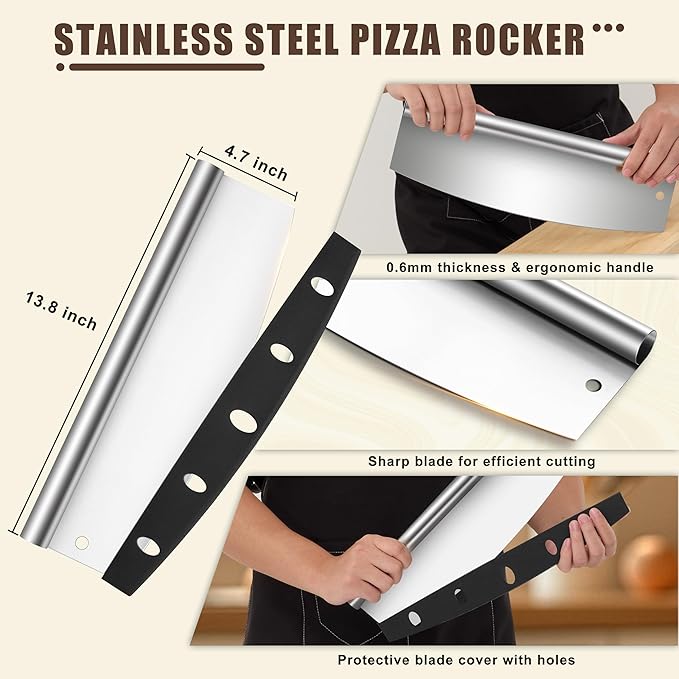 Aluminum Pizza Peel Spatula Set, 12 Inch Pizza Paddle Shovel, 14 Inch Metal Pizza Cutter Rocker, Pizza Oven Accessories Tools for Cooking Baking Turning Cutting, Long Detachable Handle