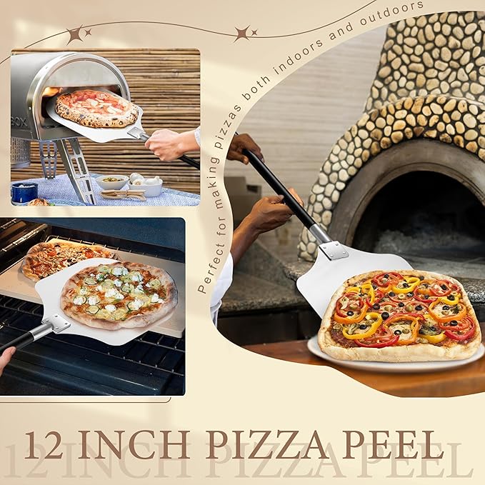 Aluminum Pizza Peel Spatula Set, 12 Inch Pizza Paddle Shovel, 14 Inch Metal Pizza Cutter Rocker, Pizza Oven Accessories Tools for Cooking Baking Turning Cutting, Long Detachable Handle