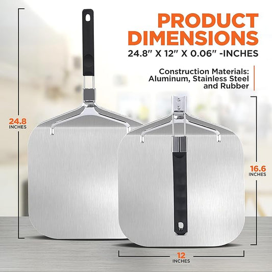 Foldable Handle Aluminum Pizza Peel – 12" Wide Lightweight Paddle with Stainless Steel Support and Rubber Grip
