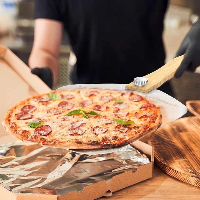 12-Inch Stainless Steel Pizza Peel Set with Foldable Wooden Handle & Pizza Cutter – 360° Rotating Handle for Easy Storage