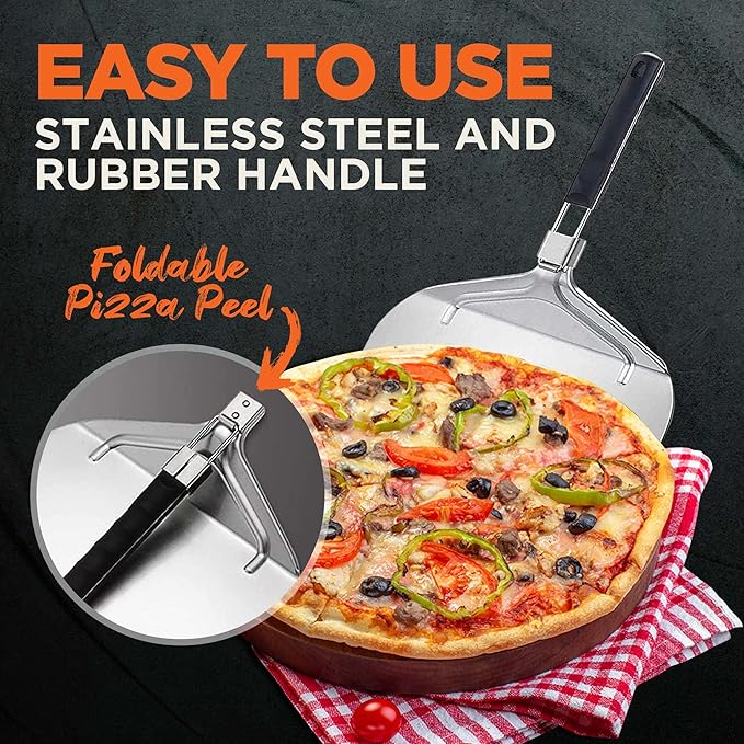 Foldable Handle Aluminum Pizza Peel – 12" Wide Lightweight Paddle with Stainless Steel Support and Rubber Grip