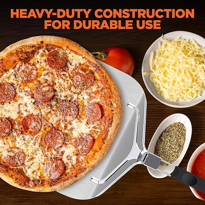 Foldable Handle Aluminum Pizza Peel – 12" Wide Lightweight Paddle with Stainless Steel Support and Rubber Grip